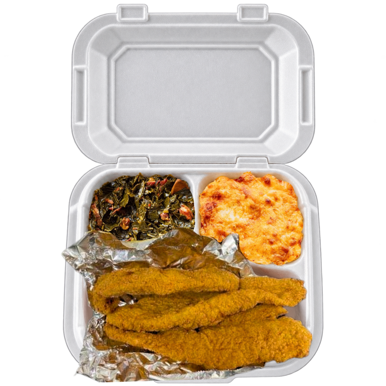 Open fish fundraiser plate with collard greens, macaroni and cheese, and fried fish